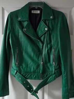 stradivarius Green Leather Biker Jacket